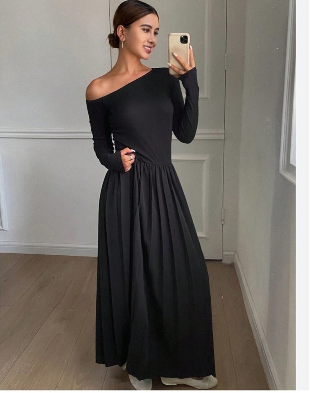 Dazy Black Off Shoulder Pleated Maxi Dress Formal Minimalist Size L NWT